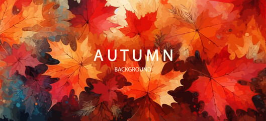 Autumn background with watercolor falling leaves . Abstract art autumn minimalistic background with brush texture and flying maple leaves.. Hand-painted natural art with fall leaves. Autumn border .