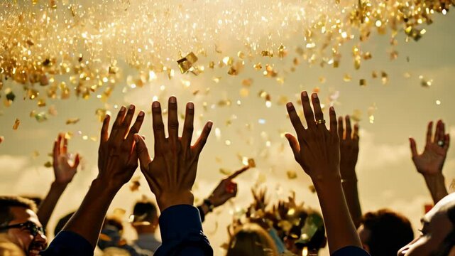 group of people joyfully raising their hands under a shower of golden confetti, celebrating a festive event in the warm glow of sunlight.