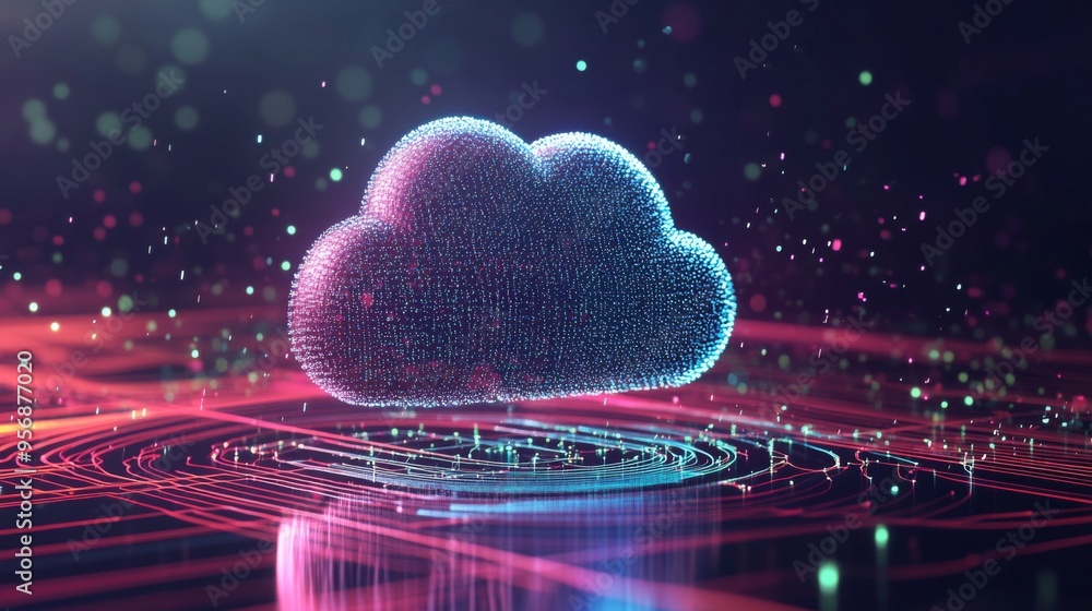 Poster a digital rendering of a cloud icon over a futuristic network of glowing lines.