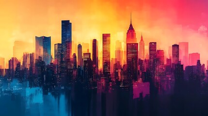 Cityscape Illustration with Sunset Colors