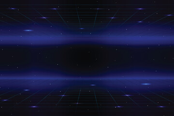 Fototapeta premium Retro Futurism Sci-Fi Background. glowing neon grid. and stars from vintage arcade computer games