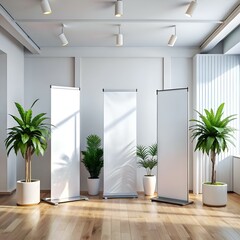 Three blank roll up banners stand in a modern. light filled office space. ready for your message.