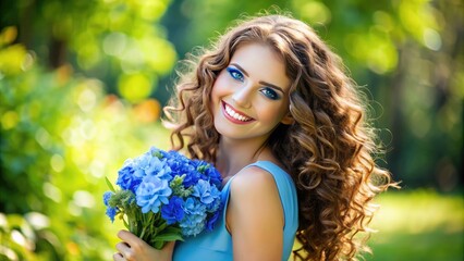 Naklejka premium Attractive young adult with curly brown hair and bright smile wearing vibrant blue dress and holding blue flowers, standing against a blurred natural background.