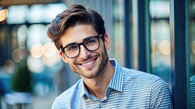 Attractive young adult with stylish glasses and gentle smile, leaning against a blurred background, exuding confidence and intelligence in a relaxed, casual atmosphere.