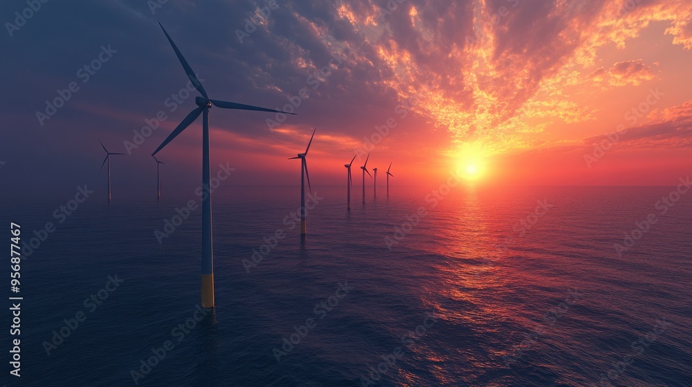 Wall mural a stunning sunset view with wind turbines standing tall over calm waters, showcasing renewable energ