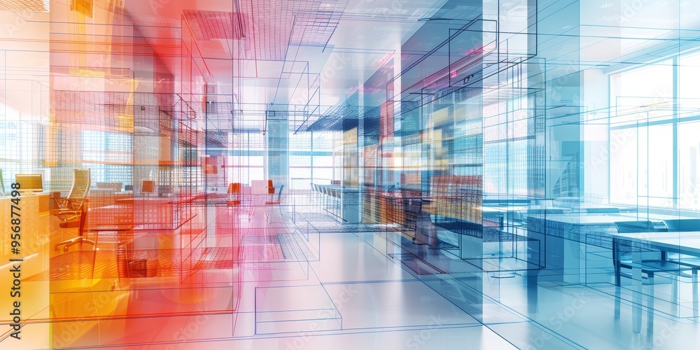 Poster an office environment overlaid with network diagrams, illustrating the flow of information in a corp