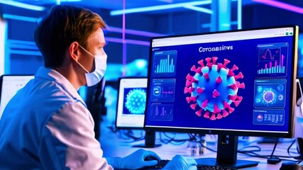 Scientist wearing a face mask and blue gloves working on a computer with an image of the Coronavirus on the screen. - Powered by Adobe