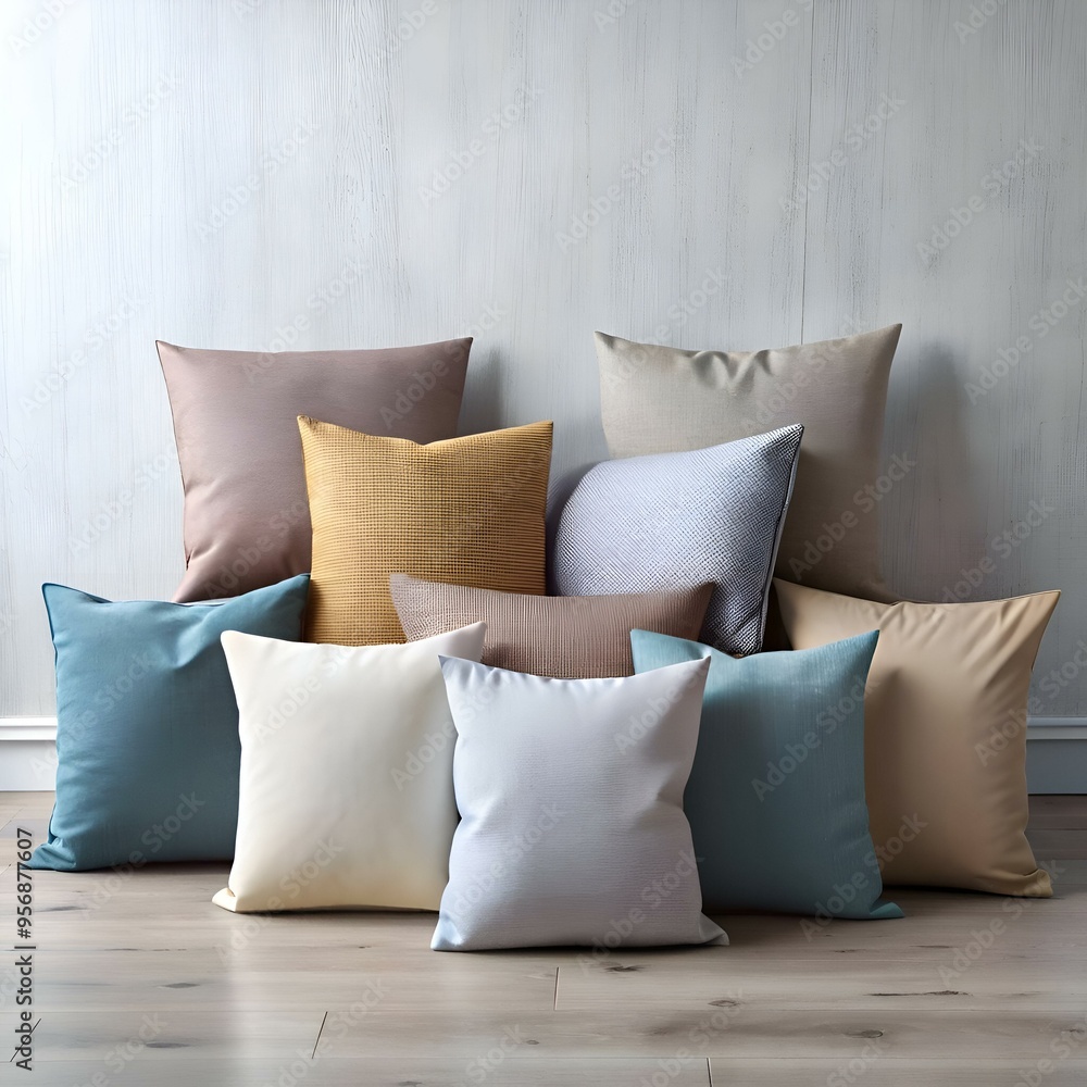Poster a collection of cozy. textured pillows arranged against a light gray background. perfect for creatin