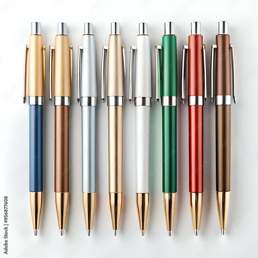 Poster a row of seven stylish pens in various colors. perfect for adding a touch of elegance and profession