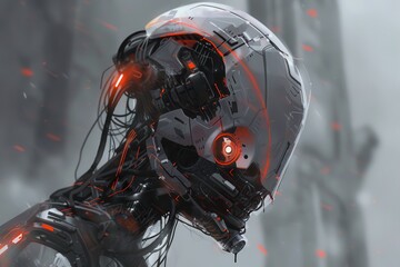 Fototapeta premium Close-up of a Futuristic Cyborg Head with Red Glowing Lights