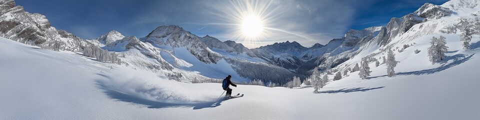 A skier is skiing down a mountain slope. The sun is shining brightly in the background, creating a warm and inviting atmosphere. The skier is wearing a blue jacket and he is enjoying the beautiful day