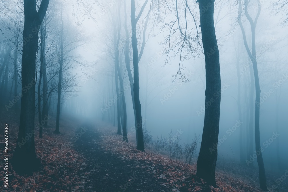 Poster a forest path is covered in leaves and fog. the trees are tall and the sky is cloudy. scene is myste
