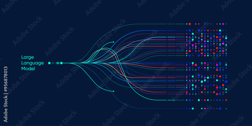 Poster illustration of abstract stream. artificial intelligence. big data, technology, ai, data transfer, d