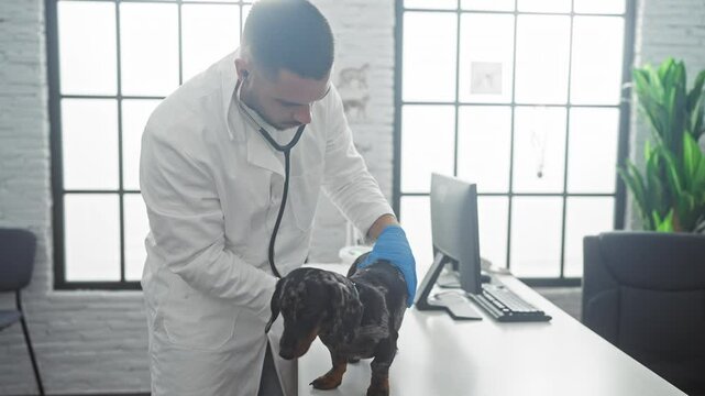 A young male veterinarian in a white coat examines a dachshund on a table in a brightly lit clinic room with modern decor.