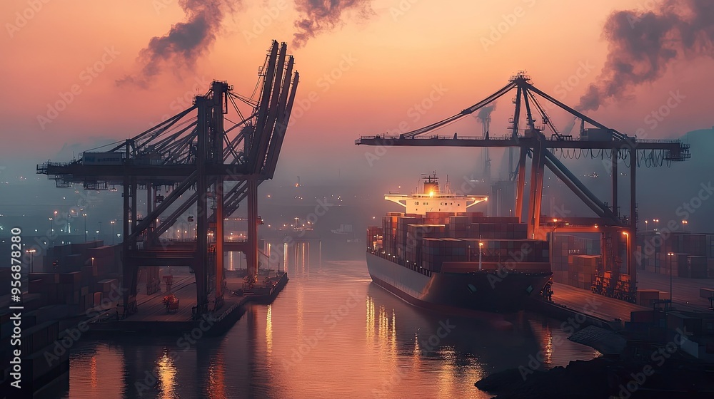 Poster dusk view of an industrial port with a large container ship being unloaded by towering cranes. captu