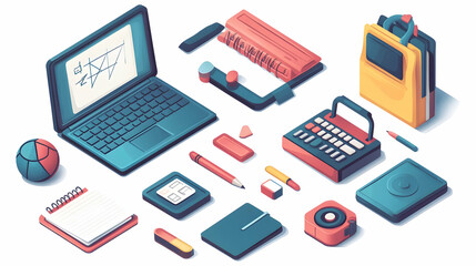 Online Teaching Tools Isolated Vector Set concept as A vector set of isolated icons representing online teaching tools including a laptop whiteboard and tablet on a white background. Ideal for use in 