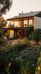 Sustainable Home Solar Panels Rainwater Collection. Eco-Friendly Architecture