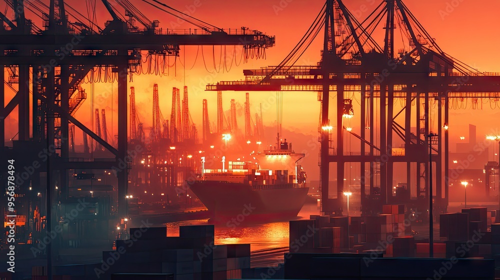 Poster dusk view of an industrial port with a large container ship being unloaded by towering cranes. captu
