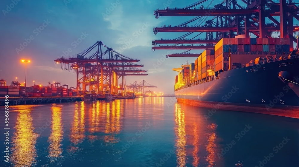 Poster dusk view of an industrial port with a large container ship being unloaded by towering cranes. captu