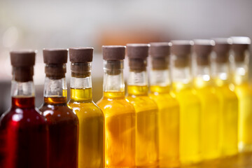 Set craft bottle with oil sunflower, black cumin, cannabis, flax, cedar, castor, apricot, sesame, milk thistle, camelina, pumpkin seeds