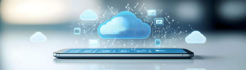 Fototapeta premium Phone and Cloud Storage Icons with Access Anywhere text isolated on white background concept as Camera movement Focus on the phone and cloud storage icons highlighting remote access to files during vi