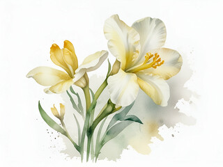 Obraz premium Freesia flower clipart , yellow flowers on a white background, Freesia flower painting by watercolor