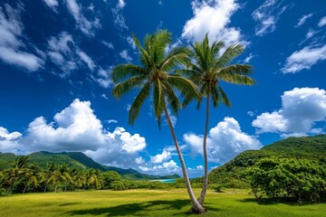 Island scenery, lush greenery, towering palms invite adventure and exploration