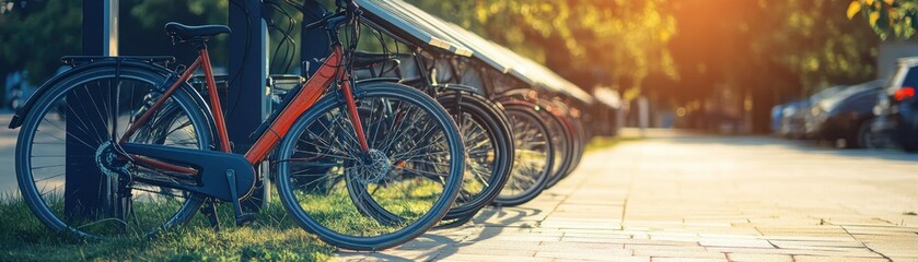Fototapeta premium A vibrant bike rack under warm sunlight, showcasing bicycles parked stylishly in a serene outdoor environment.