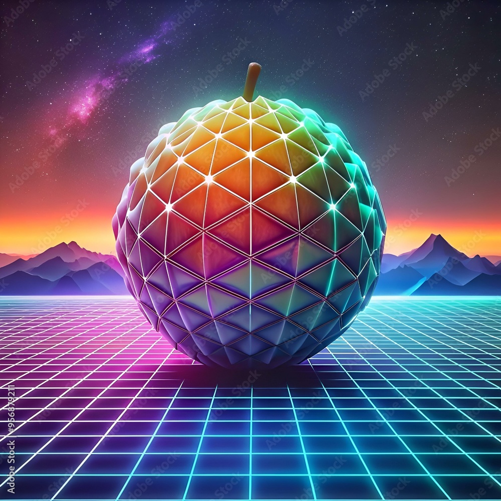Poster a futuristic 3d rendering of a glowing sugar apple against a retro 80s synthwave backdrop.