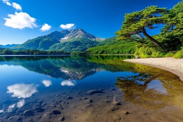 Lake scenery, calm waters, surrounding mountains reflect the beauty of the natural world