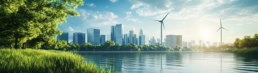 A vibrant city skyline with wind turbines and a serene lake, showcasing the harmony of nature and urban living.