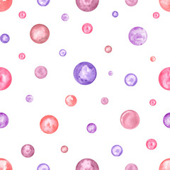 Pastel stylized watercolor pink, red, purple water bubbles as flowers seamless pattern. Colorful round shapes in soft colors hand painting illustration. For kid textiles, wallpapers, stationery