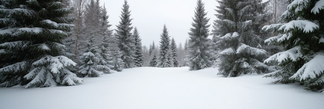 A bright and frosty forest scene in winter, showcasing tall fir trees under a blanket of fresh snow.
