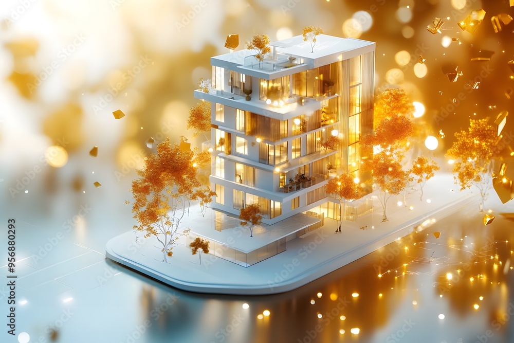 Poster modern architecture model with golden lights and bokeh.