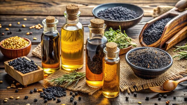 Bottles of black seed oil with golden caps and labels sit on a rustic wooden table, surrounded by scattered black seeds and dried botanicals.