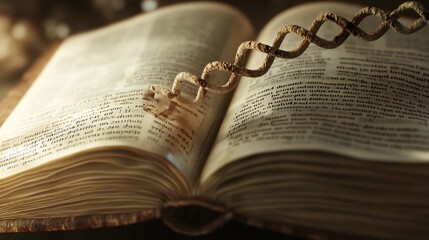 Fototapeta premium An open antique book with a metallic bookmark shaped like a DNA helix.