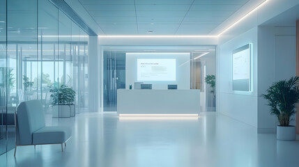 Fototapeta premium Remote medical professional consulting in a glossy flexible workspace concept as Camera movement Zoom into the medical professional screen during a virtual consultation. Scene A clean and tech savvy w