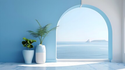 3d modern blue and white Mediterranean interior scene. Background design for summer cosmetic product display. Beautiful sea scenery viewed from arch door.