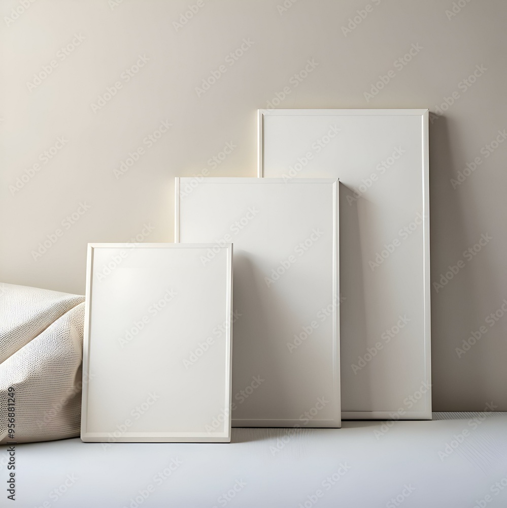 Poster blank white frames of different sizes arranged on a soft sofa. perfect for showcasing your artwork o
