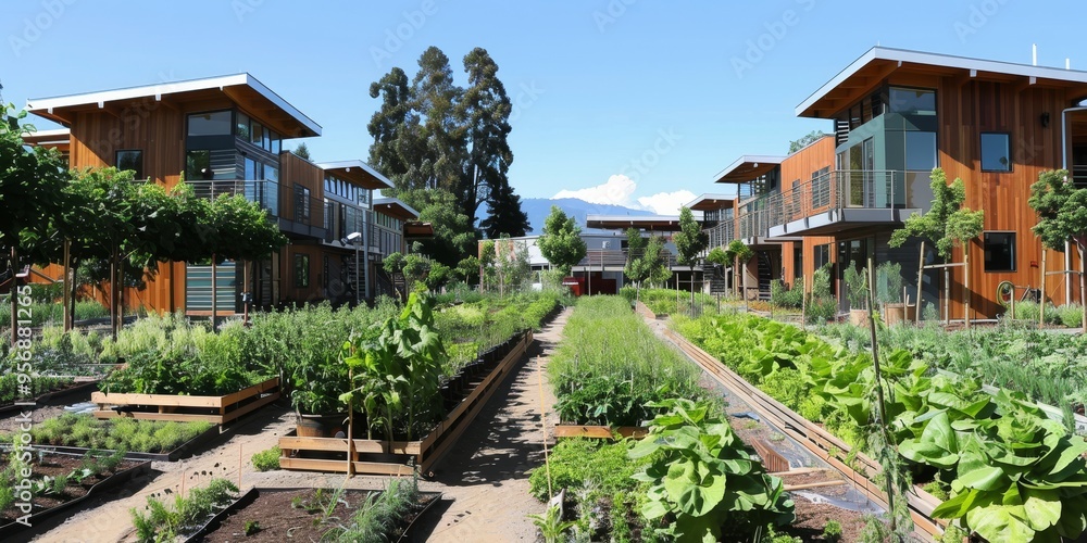 Wall mural an eco house community with shared gardens and community composting, fostering neighborhood sustaina