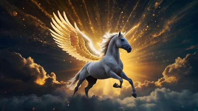 mythical white Pegasus unicorn is outlined by a radiant halo of light in a golden cloudy background