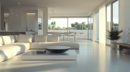 Elegant minimalist home interior with clean lines, neutral colors, and modern furnishings, creating a serene and uncluttered living space. -
