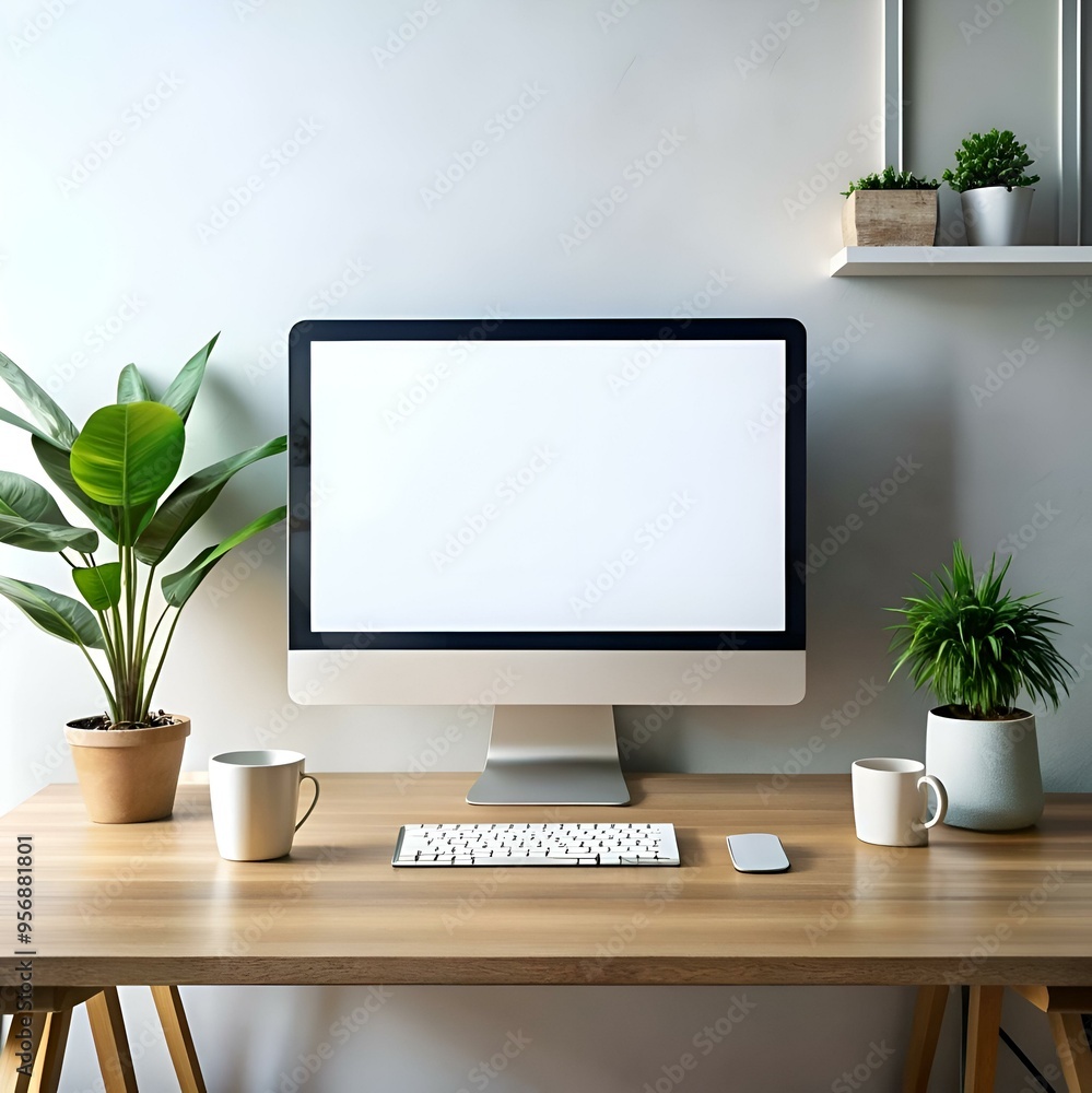 Poster modern workspace mockup with a blank computer screen. keyboard. and minimalist decor.
