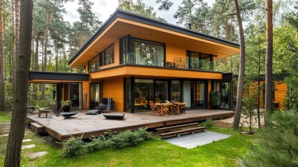 Elegant modern wooden house in loft style, complete with a terrace and outdoor sauna, ideal for serene living and architectural inspiration.