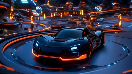 Obraz premium A sleek sports car races through a neon-lit futuristic track.