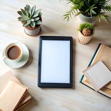 A clean and minimalist mockup featuring an e reader on a light wood table with books. plants. and a cup of coffee.