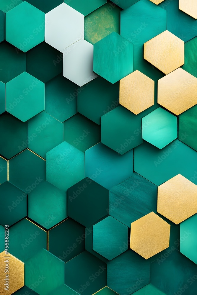 Poster abstract hexagon pattern in green and gold.