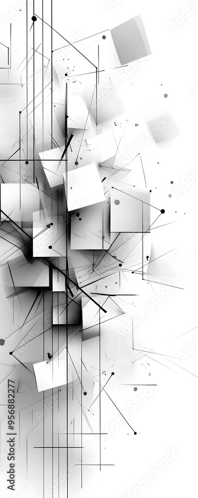 Poster abstract geometric pattern with black lines and white shapes.