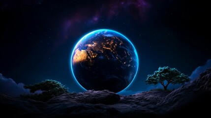 Earth shining brightly from space, surrounded by twinkling stars, symbolizing life and interconnectedness.