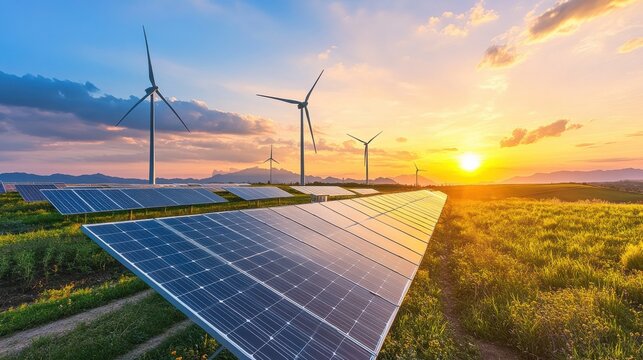 Breathtaking sunset over renewable energy sources with solar panels and wind turbines in a lush landscape. - Powered by Adobe